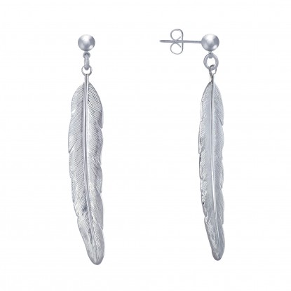 Boucles d'Oreilles Clous en Laiton Argenté et Longue Plume