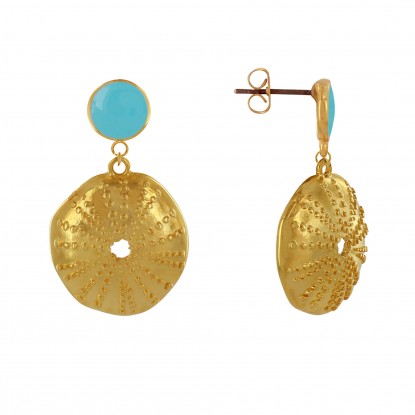 Boucles d'Oreilles Laiton Doré Rond Coloré et Coquille d'Oursin