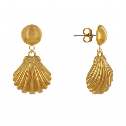 Boucles d'Oreilles Laiton Doré Rond Coloré et Coquille Saint Jacques
