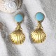 Boucles d'Oreilles Laiton Doré Rond Coloré et Coquille Saint Jacques