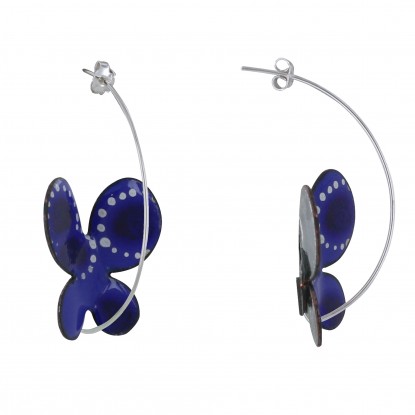 Boucles d'Oreilles Papillons Émaillés Bleus Points Blanc et Bleu Foncé