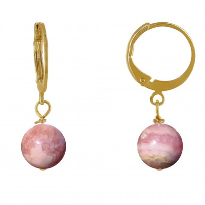 Boucles d'Oreilles Mini Créoles Acier Doré et Perle de Rhodochrosite