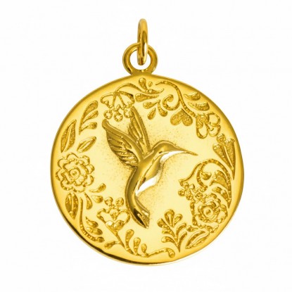 Pendentif Plaqué Or Médaille Ronde Colibri
