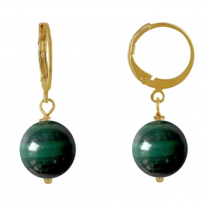 Boucles d'Oreilles Mini Créoles Plaqué Or et Perle de Malachite