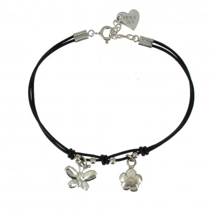 Bracelet Fleur et Papillon Argent 925 Fil Cuir Noir