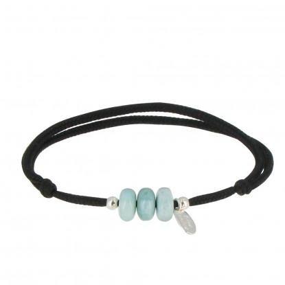 Bracelet Lien Noir 3 Anneaux de Larimar et Deux Perles Argent 925