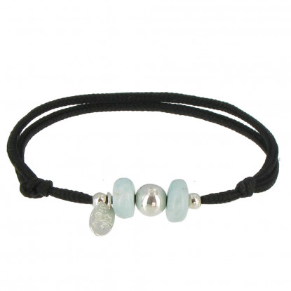 Bracelet Lien Noir 2 Anneaux de Larimar et Perle d'Argent 925