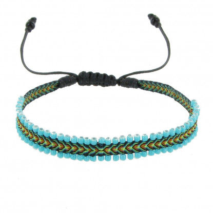 Bracelet Tissé Noir et Vert Perles Turquoise