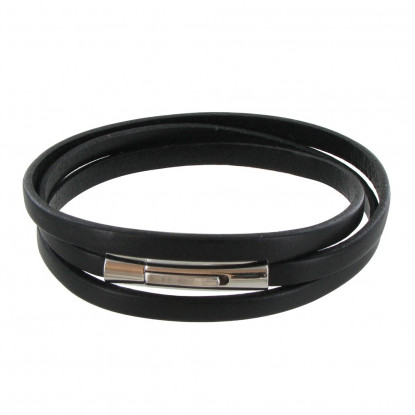 Bracelet Homme Cuir Noir Plat Fermoir Acier Inoxydable