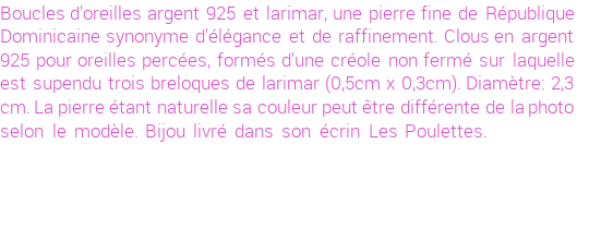 Drôle de créations de Bijoux Fantaisie, c'est un design inattendu que nous réservait Stephanie Ducauroix. Créé avec passion, ces Bijoux Fantaisie en Larimar sauront combler chaque Femme amateur de bijoux et accessoires originaux. Il en reste 1 exemplaire, commandez rapidement. Le bijou vous sera expédié directement du site www.lespoulettes-bijoux.fr, dans son écrin bleu turquoise original.
