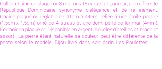 Drôle de créations de Bijoux Fantaisie, c'est un design inattendu que nous réservait Stephanie Ducauroix. Créé avec passion, ces Bijoux Fantaisie en Larimar sauront combler chaque Femme amateur de bijoux et accessoires originaux. De couleur Bleu, il possède les dimensions suivantes. Longueur de 440mm. Largeur de 15mm. Diamètre de 4mm. Il en reste 1 exemplaire, commandez rapidement. Le bijou vous sera expédié directement du site www.lespoulettes-bijoux.fr.