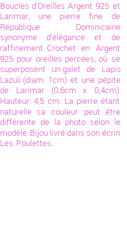 Drôle de créations de Bijoux Fantaisie, c'est un design inattendu que nous réservait Stephanie Ducauroix. Créé avec passion, ces Bijoux Fantaisie en Larimar sauront combler chaque Femme amateur de bijoux et accessoires originaux. Il en reste 4 exemplaires, commandez rapidement. Le bijou vous sera expédié directement du site www.lespoulettes-bijoux.fr, dans son écrin bleu turquoise original.