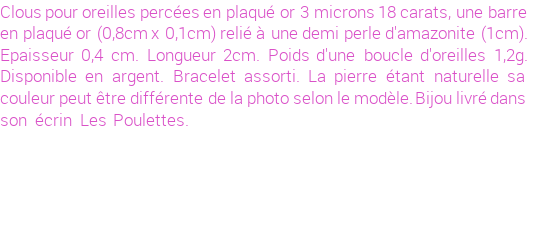 Drôle de créations de Bijoux Fantaisie, c'est un design inattendu que nous réservait Stephanie Ducauroix. Créé avec passion, ces Bijoux Fantaisie en Plaqué Or sauront combler chaque Femme amateur de bijoux et accessoires originaux. De couleur Turquoise, il possède les dimensions suivantes. Longueur de 20mm. Largeur de 1mm. Diamètre de 10mm. Il en reste 5 exemplaires, commandez rapidement. Le bijou vous sera expédié directement du site www.lespoulettes-bijoux.fr.