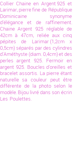 Drôle de créations de Bijoux Fantaisie, c'est un design inattendu que nous réservait Stephanie Ducauroix. Créé avec passion, ces Bijoux Fantaisie en Larimar sauront combler chaque Femme amateur de bijoux et accessoires originaux. De couleur Bleu, il possède les dimensions suivantes. Longueur de 470mm. Largeur de 5mm. Diamètre de 4mm. Il en reste 1 exemplaire, commandez rapidement. Le bijou vous sera expédié directement du site www.lespoulettes-bijoux.fr, dans son écrin bleu turquoise original.