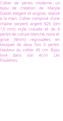 Drôle de créations de Bijoux Fantaisie, c'est un design inattendu que nous réservait Maryla Dubiel. Créé avec passion, ces Bijoux Fantaisie en Perles de Culture sauront combler chaque Femme amateur de bijoux et accessoires originaux. Il en reste 2 exemplaires, commandez rapidement. Le bijou vous sera expédié directement du site www.lespoulettes-bijoux.fr, dans son écrin bleu turquoise original.