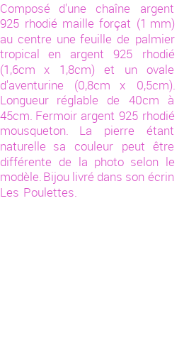 Drôle de créations de Bijoux Fantaisie, c'est un design inattendu que nous réservait Stephanie Ducauroix. Créé avec passion, ces Bijoux Fantaisie en Argent sauront combler chaque Femme amateur de bijoux et accessoires originaux. De couleur Argent, il possède les dimensions suivantes. Longueur de 450mm. Largeur de 16mm. Diamètre de 8mm. Il en reste 4 exemplaires, commandez rapidement. Le bijou vous sera expédié directement du site www.lespoulettes-bijoux.fr.