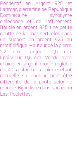 Drôle de créations de Bijoux Fantaisie, c'est un design inattendu que nous réservait Stephanie Ducauroix. Créé avec passion, ces Bijoux Fantaisie en Larimar sauront combler chaque Femme amateur de bijoux et accessoires originaux. Il en reste 4 exemplaires, commandez rapidement. Le bijou vous sera expédié directement du site www.lespoulettes-bijoux.fr.