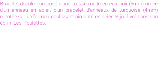 Drôle de créations de Bijoux Fantaisie, c'est un design inattendu que nous réservait Stephanie Ducauroix. Créé avec passion, ces Bijoux Fantaisie en Cuir sauront combler chaque Homme amateur de bijoux et accessoires originaux. De couleur Noir, il possède les dimensions suivantes. Longueur de 200mm. Largeur de 10mm. Diamètre de 3mm. Il en reste 1 exemplaire, commandez rapidement. Le bijou vous sera expédié directement du site www.lespoulettes-bijoux.fr.