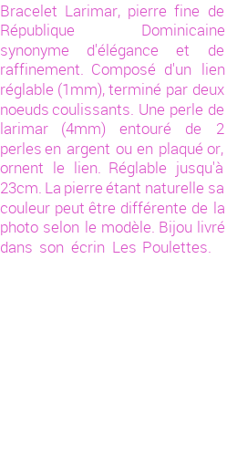 Drôle de créations de Bijoux Fantaisie, c'est un design inattendu que nous réservait Stephanie Ducauroix. Créé avec passion, ces Bijoux Fantaisie en Larimar sauront combler chaque Femme amateur de bijoux et accessoires originaux. Il en reste 10 exemplaires, commandez rapidement. Le bijou vous sera expédié directement du site www.lespoulettes-bijoux.fr.