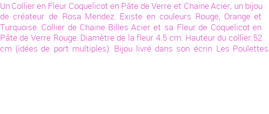 Drôle de créations de Bijoux Fantaisie, c'est un design inattendu que nous réservait Rosa Mendez. Créé avec passion, ces Bijoux Fantaisie en Verre sauront combler chaque Femme amateur de bijoux et accessoires originaux. Il en reste 1 exemplaire, commandez rapidement. Le bijou vous sera expédié directement du site www.lespoulettes-bijoux.fr, dans son écrin bleu turquoise original.