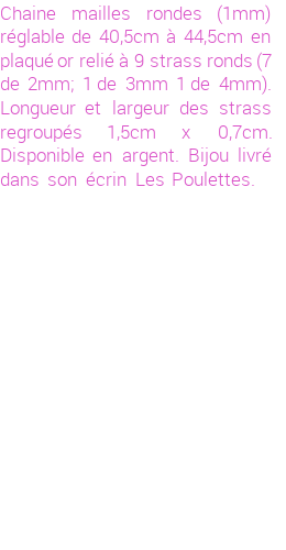 Drôle de créations de Bijoux Fantaisie, c'est un design inattendu que nous réservait Stephanie Ducauroix. Créé avec passion, ces Bijoux Fantaisie en Plaqué Or sauront combler chaque Femme amateur de bijoux et accessoires originaux. De couleur Or, il possède les dimensions suivantes. Longueur de 445mm. Largeur de 15mm. Diamètre de 4mm. Il en reste 1 exemplaire, commandez rapidement. Le bijou vous sera expédié directement du site www.lespoulettes-bijoux.fr.
