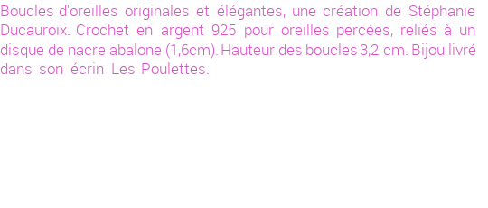 Drôle de créations de Bijoux Fantaisie, c'est un design inattendu que nous réservait Stephanie Ducauroix. Créé avec passion, ces Bijoux Fantaisie en Nacre sauront combler chaque Femme amateur de bijoux et accessoires originaux. Il en reste 2 exemplaires, commandez rapidement. Le bijou vous sera expédié directement du site www.lespoulettes-bijoux.fr, dans son écrin bleu turquoise original.
