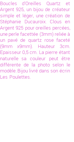 Drôle de créations de Bijoux Fantaisie, c'est un design inattendu que nous réservait Stephanie Ducauroix. Créé avec passion, ces Bijoux Fantaisie en Argent sauront combler chaque Femme amateur de bijoux et accessoires originaux. De couleur Rose, il possède les dimensions suivantes. Longueur de 30mm. Largeur de 9mm. Diamètre de 3mm. Il en reste 4 exemplaires, commandez rapidement. Le bijou vous sera expédié directement du site www.lespoulettes-bijoux.fr, dans son écrin bleu turquoise original.