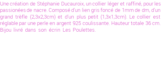 Drôle de créations de Bijoux Fantaisie, c'est un design inattendu que nous réservait Stephanie Ducauroix. Créé avec passion, ces Bijoux Fantaisie en Nacre sauront combler chaque Femme amateur de bijoux et accessoires originaux. Il en reste 5 exemplaires, commandez rapidement. Le bijou vous sera expédié directement du site www.lespoulettes-bijoux.fr, dans son écrin bleu turquoise original.