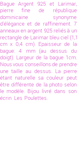 Drôle de créations de Bijoux Fantaisie, c'est un design inattendu que nous réservait Stephanie Ducauroix. Créé avec passion, ces Bijoux Fantaisie en Larimar sauront combler chaque Femme amateur de bijoux et accessoires originaux. Il en reste 1 exemplaire, commandez rapidement. Le bijou vous sera expédié directement du site www.lespoulettes-bijoux.fr, dans son écrin bleu turquoise original.