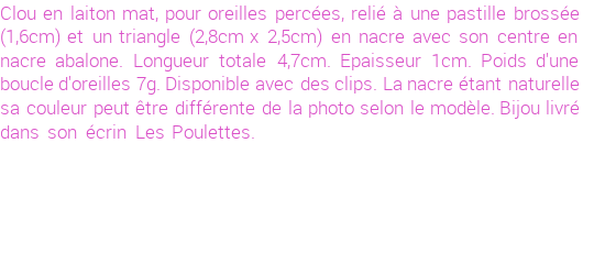 Drôle de créations de Bijoux Fantaisie, c'est un design inattendu que nous réservait Stephanie Ducauroix. Créé avec passion, ces Bijoux Fantaisie en Nacre sauront combler chaque Femme amateur de bijoux et accessoires originaux. De couleur Beige, il possède les dimensions suivantes. Longueur de 46mm. Largeur de 25mm. Diamètre de 16mm. Il en reste 1 exemplaire, commandez rapidement. Le bijou vous sera expédié directement du site www.lespoulettes-bijoux.fr.