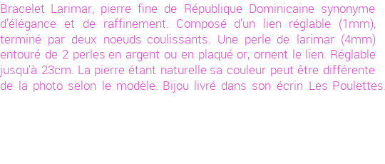 Drôle de créations de Bijoux Fantaisie, c'est un design inattendu que nous réservait Stephanie Ducauroix. Créé avec passion, ces Bijoux Fantaisie en Larimar sauront combler chaque Femme amateur de bijoux et accessoires originaux. Il en reste 10 exemplaires, commandez rapidement. Le bijou vous sera expédié directement du site www.lespoulettes-bijoux.fr.