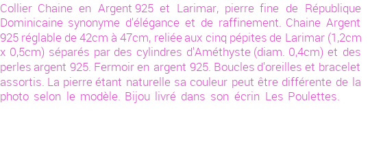 Drôle de créations de Bijoux Fantaisie, c'est un design inattendu que nous réservait Stephanie Ducauroix. Créé avec passion, ces Bijoux Fantaisie en Larimar sauront combler chaque Femme amateur de bijoux et accessoires originaux. De couleur Bleu, il possède les dimensions suivantes. Longueur de 470mm. Largeur de 5mm. Diamètre de 4mm. Il en reste 1 exemplaire, commandez rapidement. Le bijou vous sera expédié directement du site www.lespoulettes-bijoux.fr, dans son écrin bleu turquoise original.