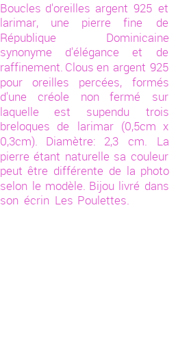 Drôle de créations de Bijoux Fantaisie, c'est un design inattendu que nous réservait Stephanie Ducauroix. Créé avec passion, ces Bijoux Fantaisie en Larimar sauront combler chaque Femme amateur de bijoux et accessoires originaux. Il en reste 1 exemplaire, commandez rapidement. Le bijou vous sera expédié directement du site www.lespoulettes-bijoux.fr, dans son écrin bleu turquoise original.